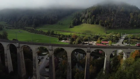 Viaduc de la Combe Maran: fantastic aerial view traveling in to the Viaduc Stock Footage 245506435