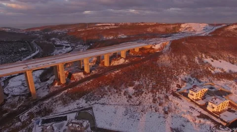 Viaduct construction aerial during winter Stock Footage 59305424