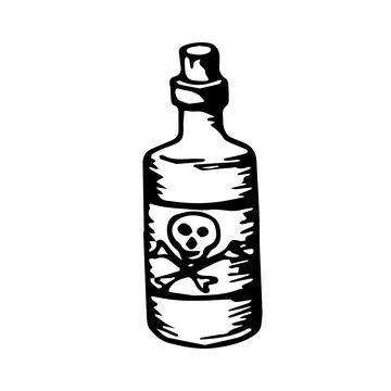 Vial of poison with potion witchcraft elixir. Corked glass bottle skull and b Stock Illustration