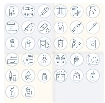 Vial Vector Icon Collection with 32 128x128 Thin Line Designs Stock Illustration