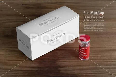 Vials box with a vial at front on wooden board mock-up series Plantilla PSD