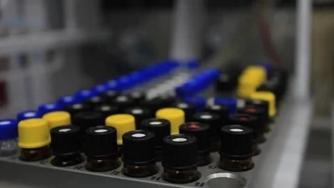 Vials containing samples ready to be injected into a chromatograph for trace com Vídeo Stock 279463369