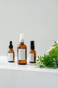Vials, glass laboratory flasks on the table. Stock Photos