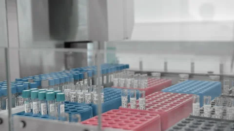 Vials of human biological material are sorted by medical robotic testing machine Stock Footage 147738537