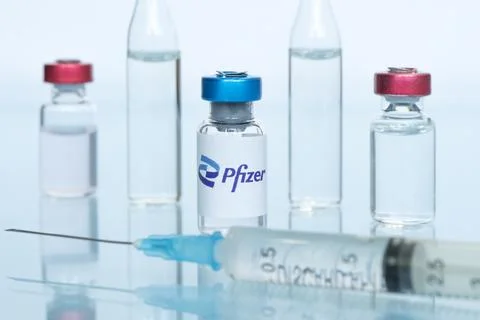 Vials of liquid the logos pfizer Stock Photos