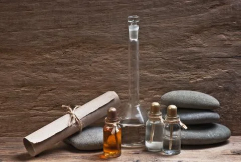 Vials of perfume oils in fragrance lab Fotos Stock