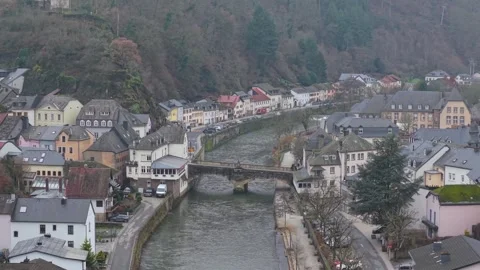 Vianden Bridge Top-Down: Aerial View of River Our and Historic Stone Bridge Stock Footage 331600420