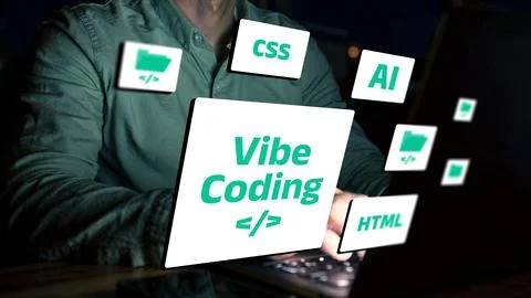 Vibe coding in action with a focus on AI, CSS, and HTML at night Stock Photos