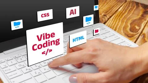 Vibe coding and programming on a laptop with various coding elements visible Stock Photos
