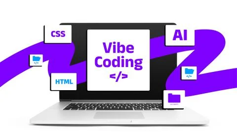 Vibe coding with CSS, HTML, and AI on a laptop at a tech workspace Stock Photos