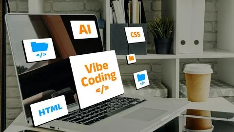Vibe coding displayed on a laptop with coding tags and coffee on a desk in a Stock Photos