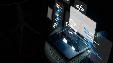 Vibe coding is displayed on a laptop screen with digital elements and a dark Stock Photos