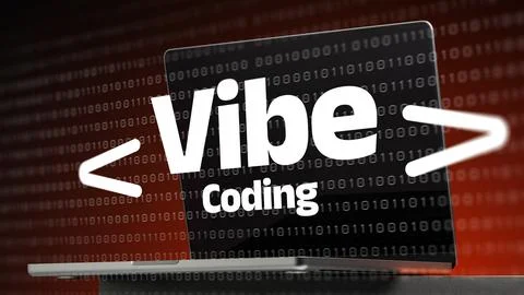 Vibe coding displayed on a laptop screen with digital background of numbers 写真素材
