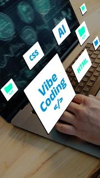 Vibe coding displayed on a laptop with various programming symbols and tags Stock Photos