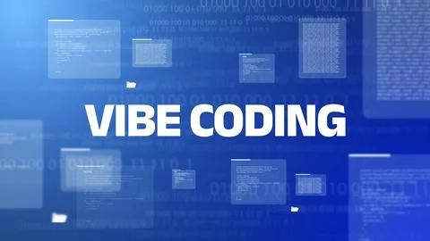Vibe coding displays lines of code and digital graphics on a blue background in Stock Illustration