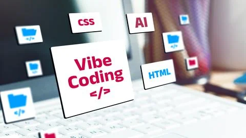 Vibe coding with focus on programming languages and tools displayed on a laptop Stock Photos