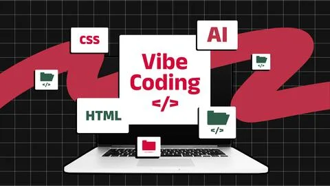 Vibe coding focuses on CSS, HTML, and AI with a laptop surrounded by coding Stock Photos