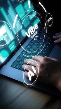 Vibe coding involves a person interacting with a laptop showing programming 写真素材