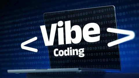 Vibe coding on a laptop with binary code background during a tech event 스톡 사진