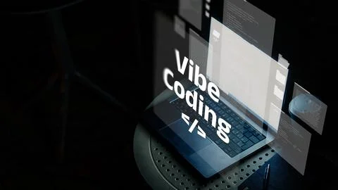 Vibe coding on a laptop with code and digital elements around during a 写真素材