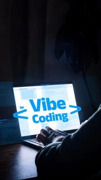 Vibe coding on a laptop in a dimly lit room during the evening hours 写真素材