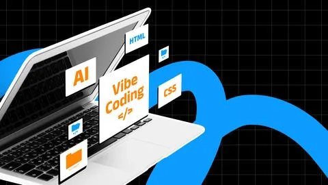 Vibe coding on a laptop with programming elements featuring AI, HTML, CSS, and Stock Photos