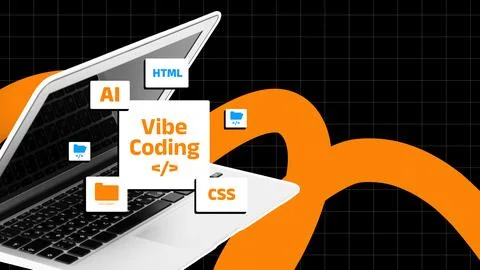 Vibe coding on a laptop with programming symbols and files Stock Photos