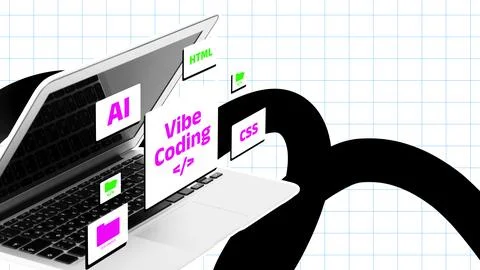 Vibe coding with laptop showing AI, HTML, CSS, and coding elements in a Stock Photos