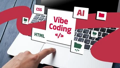 Vibe coding with a laptop showing programming languages and tools Stock Photos