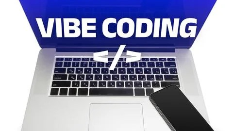 Vibe coding on a laptop with a smartphone placed beside it 스톡 사진