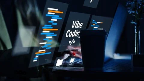 Vibe coding at a late-night workspace with a laptop and coffee cup Stock Photos