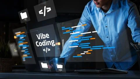 Vibe coding in a modern workspace with a computer and coding elements displayed Stock-Fotos