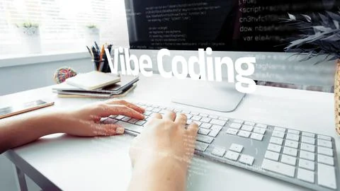 Vibe coding in a modern workspace with hands on a keyboard and code on the Stock Photos