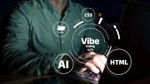 Vibe coding at night with focus on coding languages and technology in a Stock Photos