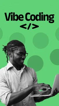 Vibe coding with a person working on a laptop while smiling on a green 写真素材