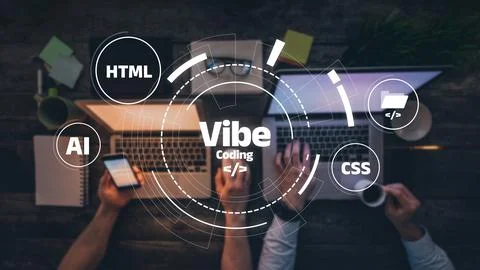 Vibe coding practice with HTML, CSS, and AI concepts in a workspace environment Stock Photos