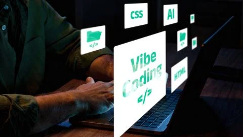 Vibe coding session with laptop and programming concepts displayed on screen Stock Photos