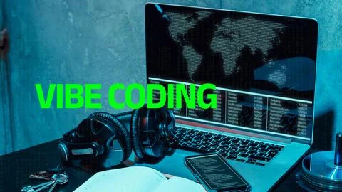 Vibe coding session with laptop, headphones, and book on table in urban Stock Photos