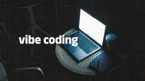 Vibe coding session with a laptop on a table surrounded by digital elements at Stock Photos
