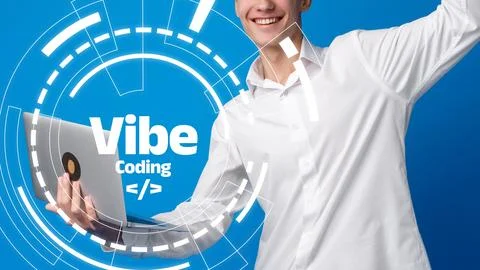 Vibe coding session with a man holding a laptop in a bright blue setting Stock Photos