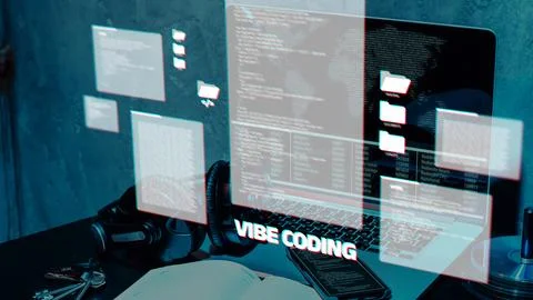 Vibe coding session in a modern workspace with laptop and programming activity Stock-Fotos