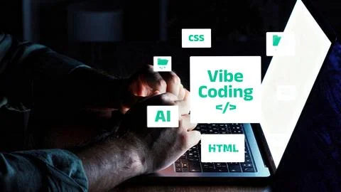 Vibe coding session at night with computer programming languages displayed on Stock Photos
