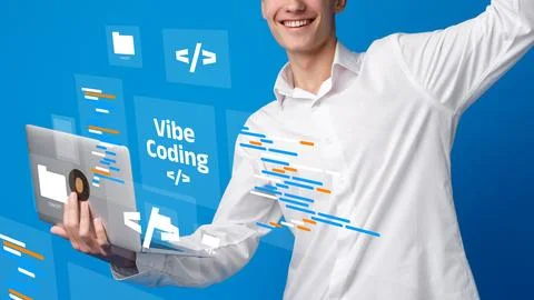 Vibe coding session with a smiling person using a laptop and colorful code 스톡 사진