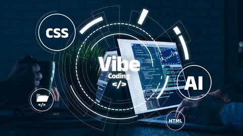 Vibe coding sessions with computer screens displaying coding languages and data Stock Photos