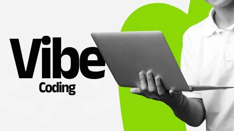 Vibe coding showcases a person holding a laptop while engaging with digital Foto stock