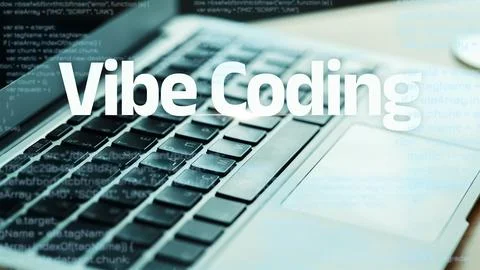 Vibe coding is shown on a keyboard with code in the background 写真素材