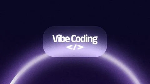 Vibe coding shows a digital design with text on a dark background and glowing Stock Illustration