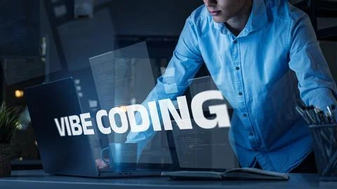 Vibe coding shows a person working on a laptop with code and technology items Stock Photos