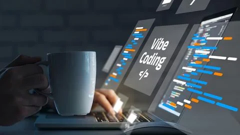Vibe coding skills in action with programming on a laptop and coffee in hand Stock-Fotos