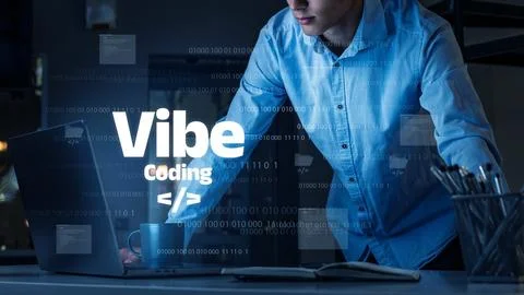 Vibe coding takes place at night in an office setting with a person working on Stock Photos